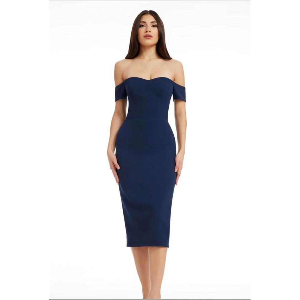 Dress The Population Off the Shoulder Elegant Midi Navy Dress Women's Small